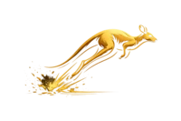 iMPACT Roo Interactive™ Logo: ein springendes goldenes Känguru